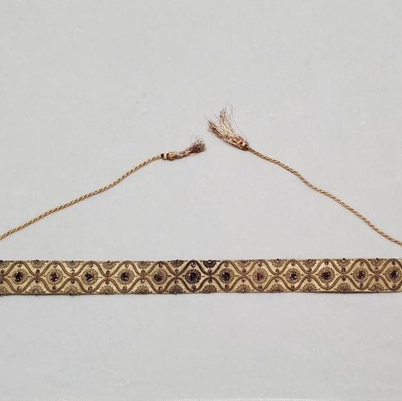 VINTAGE 60s Silk Gold Silver Metal Filigree Embroidered Tassle Tie-Waist Belt - Picture 2 of 11